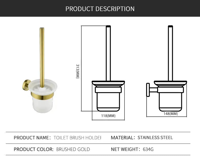 Toilet brush holder with brushed gold finish and ceramic base, wall-mounted bathroom accessories set
