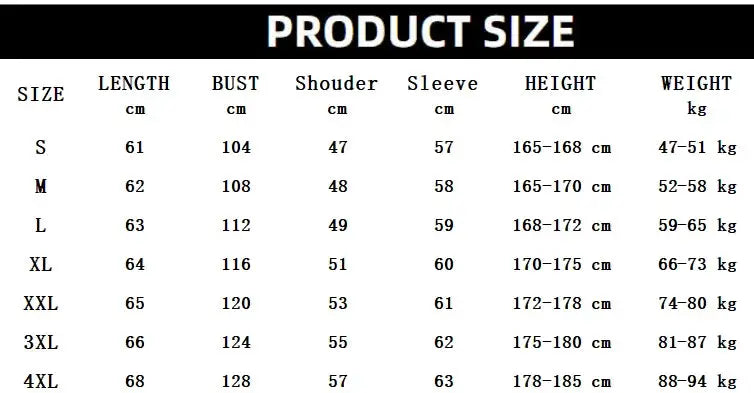 Men's jackets and coats size chart with S–4XL measurements: length, bust, shoulder, sleeve, height, weight.