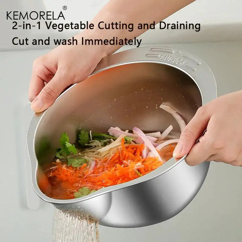 KEMORELA 2-In-1 Wash and Cut Vegetable Drain Bowl Stainless Steel 304 Rice Washing Bowl and Fruit and Vegetable Strainer