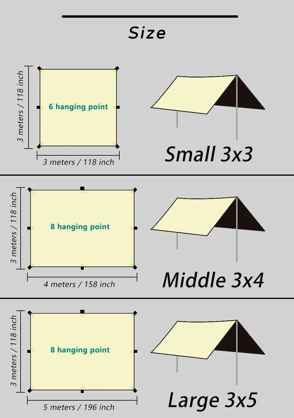 HIDE WALKER Black Coated Tarp Sun Shelter Outdoor Camping Canopy Waterproof 99 Percent UV Block 3x3 3x4 3x5