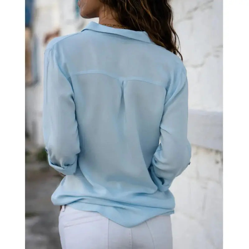 Autumn shirt - women's polo collar blouse in light blue, loose button-up top