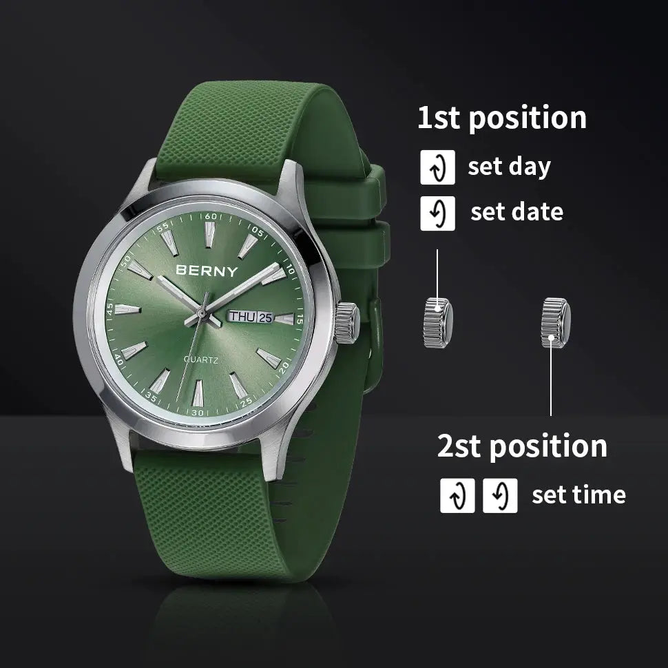 BERNY men's watch with green dial, stainless steel case and green silicone strap, day-date window