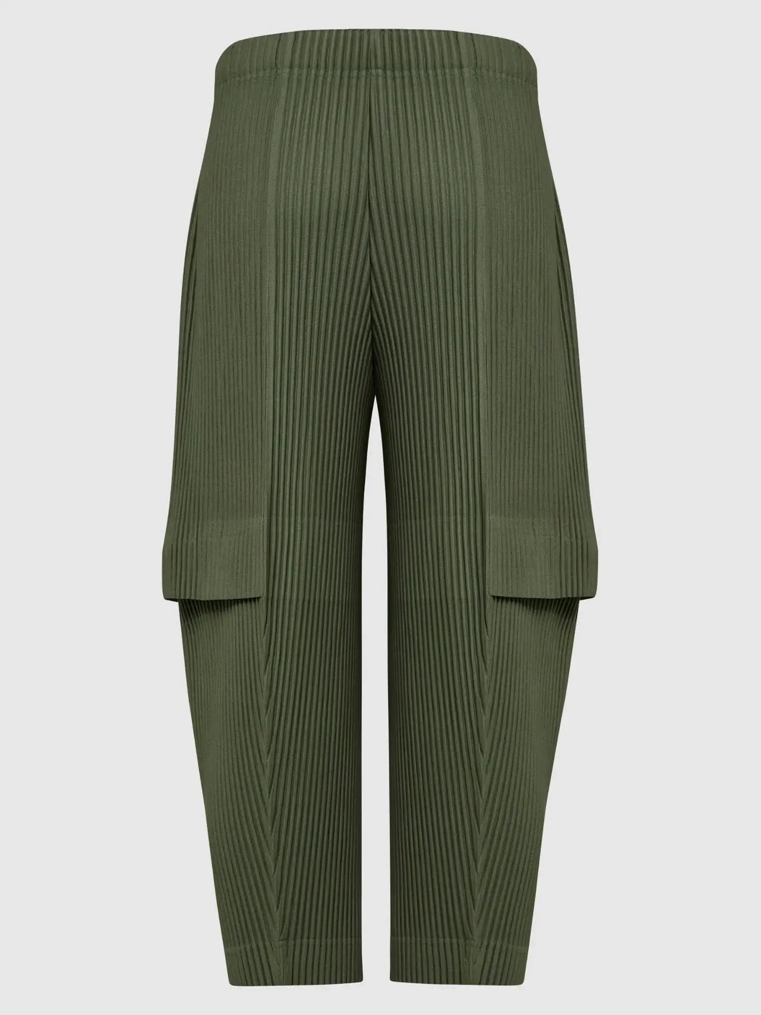 Miyake pleated cargo pants by Simples Market, olive green, loose wide-leg with allover pleats
