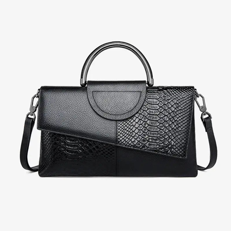 PU leather crossbody handbag with alligator-embossed pattern in black, top handle and detachable shoulder strap.
