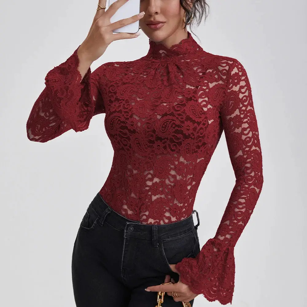 Anfilia lace blouse, burgundy hollow-out crochet, turtle neck with slim fit and flared long sleeves.