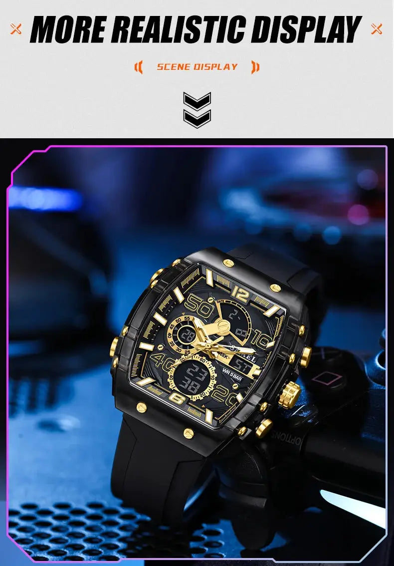 SMAEL 8109 men's square dual-display sport watch with black case, gold-tone accents, and black silicone strap