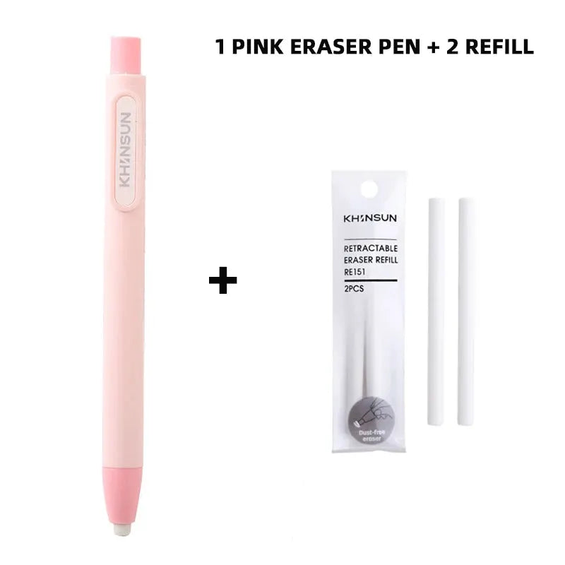 Pink KHNSUN eraser pen with replaceable core; retractable pushable design with 2 refills