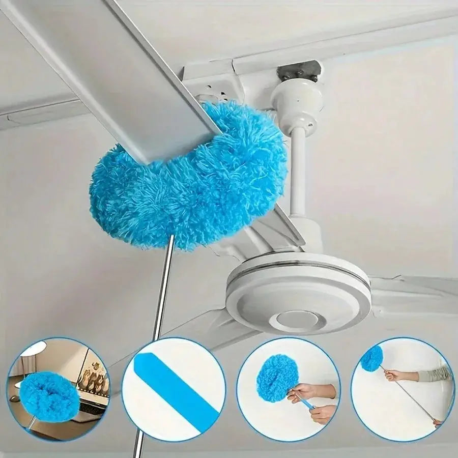 Ceiling fan duster with blue microfiber head on extendable pole up to 80cm