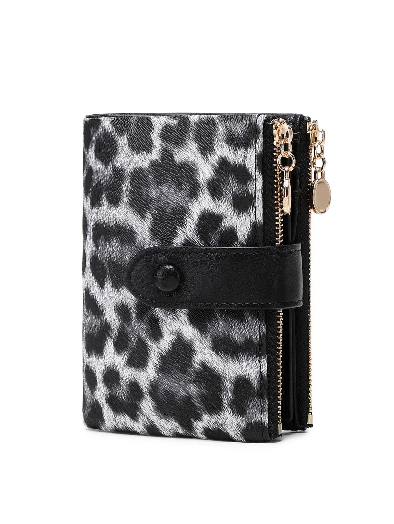 Simples Market minimalist leopard-print wallet; short three-layer design with double zippers and gold hardware