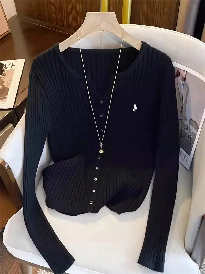 NovaTrend Y2K Embroidered Solid Knitted Top Long Sleeve Cardigan Sweater Slim Fit High Stretch For Autumn Streetwear