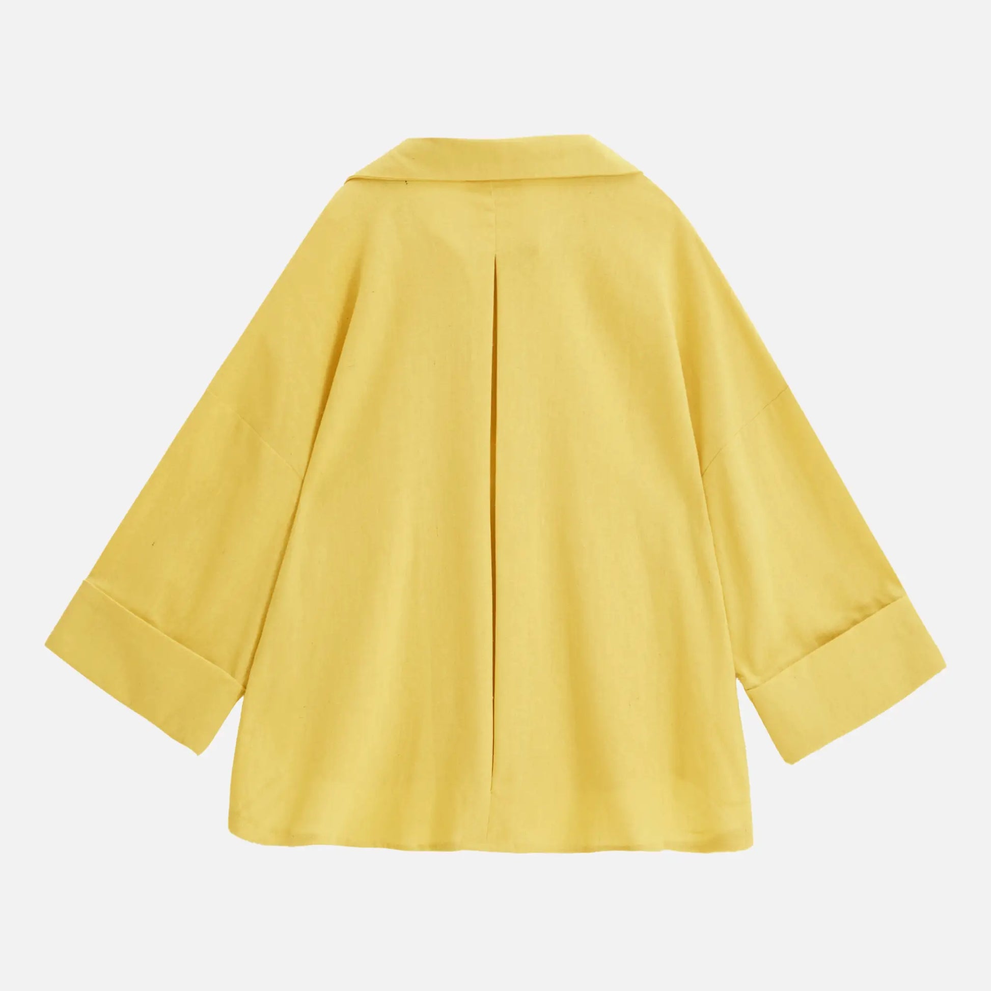 Women's casual loose yellow shirt with collar and wide sleeves, back slit detail