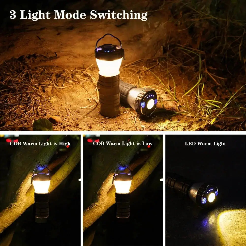 Simples Market portable camping lantern and flashlight set, black bodies with warm white glow and blue LEDs
