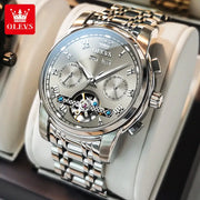 OLEVS 6607 stainless steel skeleton mechanical watch for men with flywheel, dual calendar, and Roman numerals.