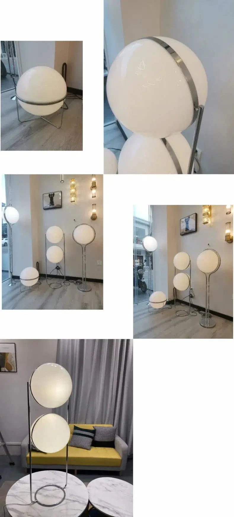 Simples Market modern white acrylic circular globe lamps on metal stands; LED floor lamp
