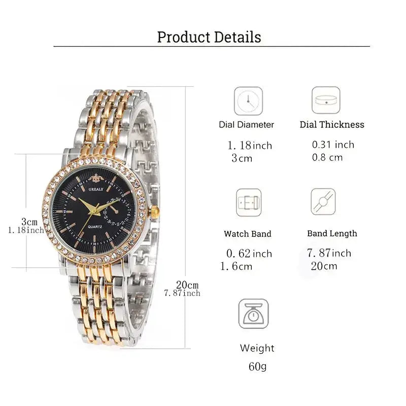 Luxury women quartz watch by Simples Market, two-tone silver-gold bracelet with rhinestone bezel and black dial