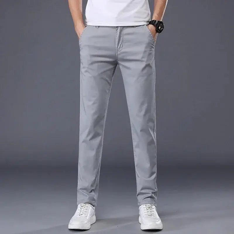 Men's cotton casual pants by Simples Market, light gray, straight slim-fit.