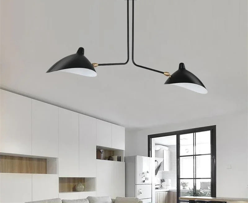 Mouille spider pendant ceiling lamp, black metal with two dome shades and brass joints