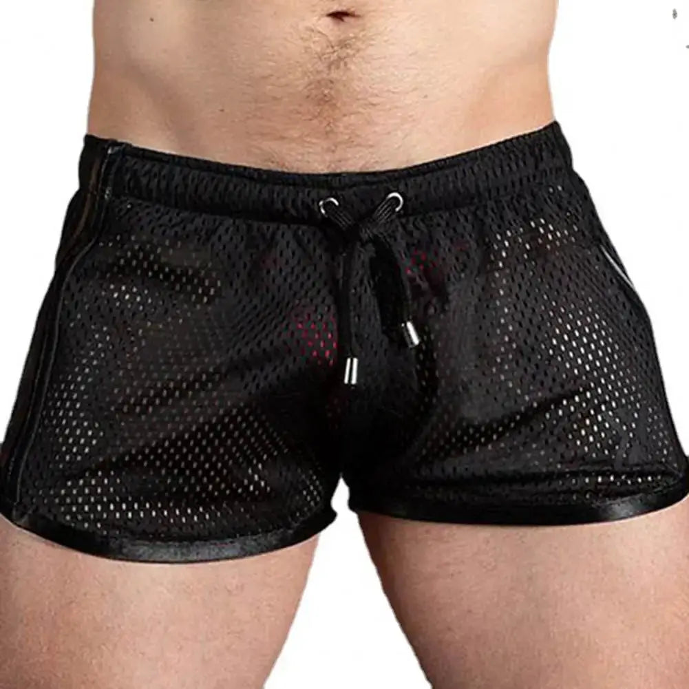 Men's black mesh sport shorts with drawstring, elastic waist, quick-dry fabric