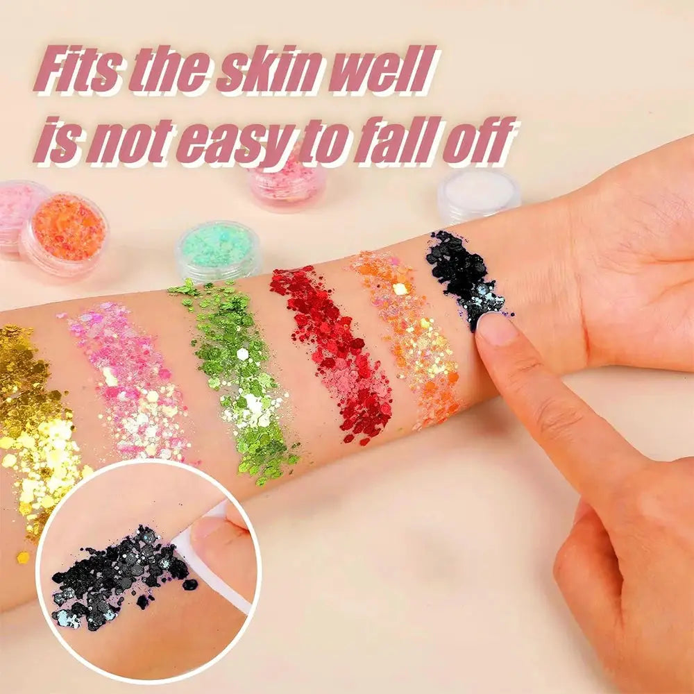 NovaGlow 12 Color Face and Body Glitter Gel with Holographic Sequins for Festivals Parties and Prom Night