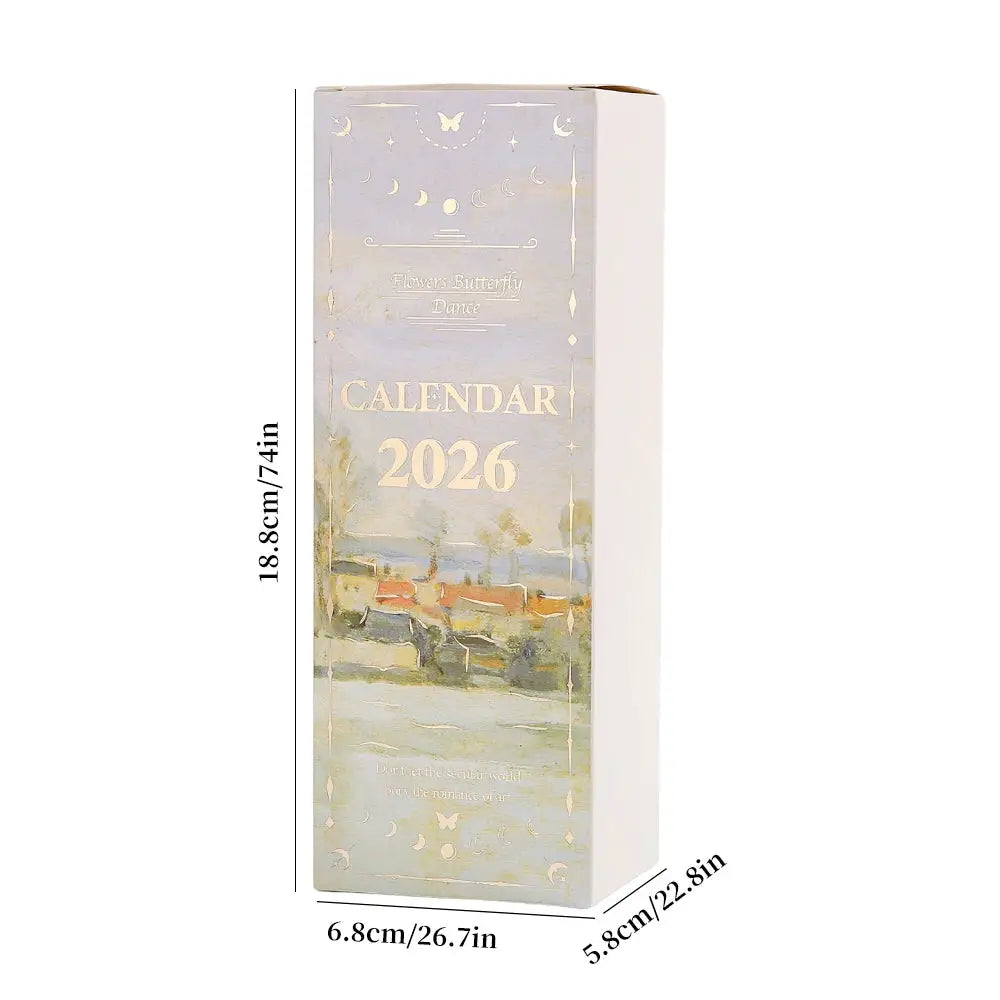 Desk calendar 2026 with gold ring binding by Simples Market, vintage oil-painting cover