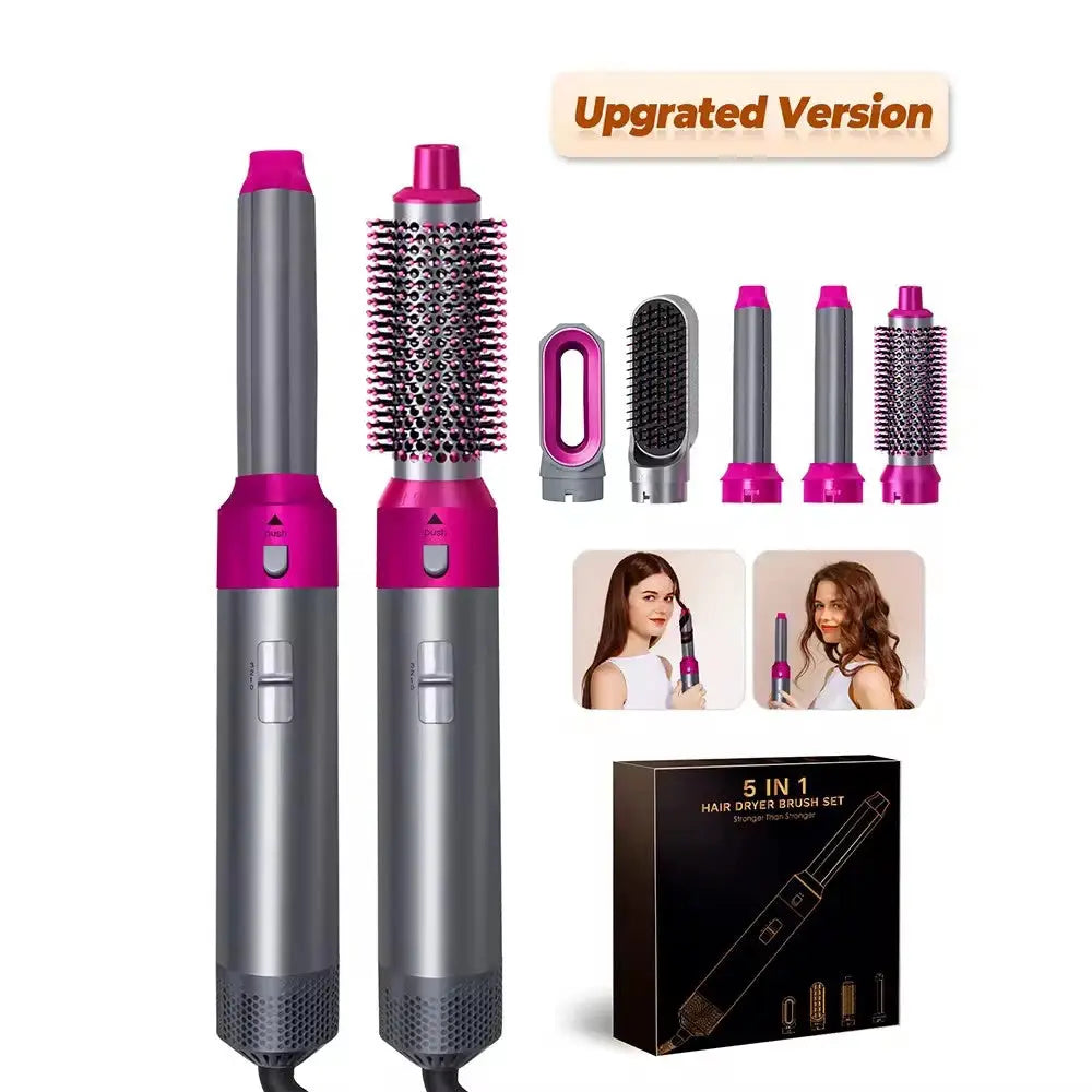 5-in-1 hair dryer brush set by Simples Market, gray with pink accents, includes 2 wands and attachments