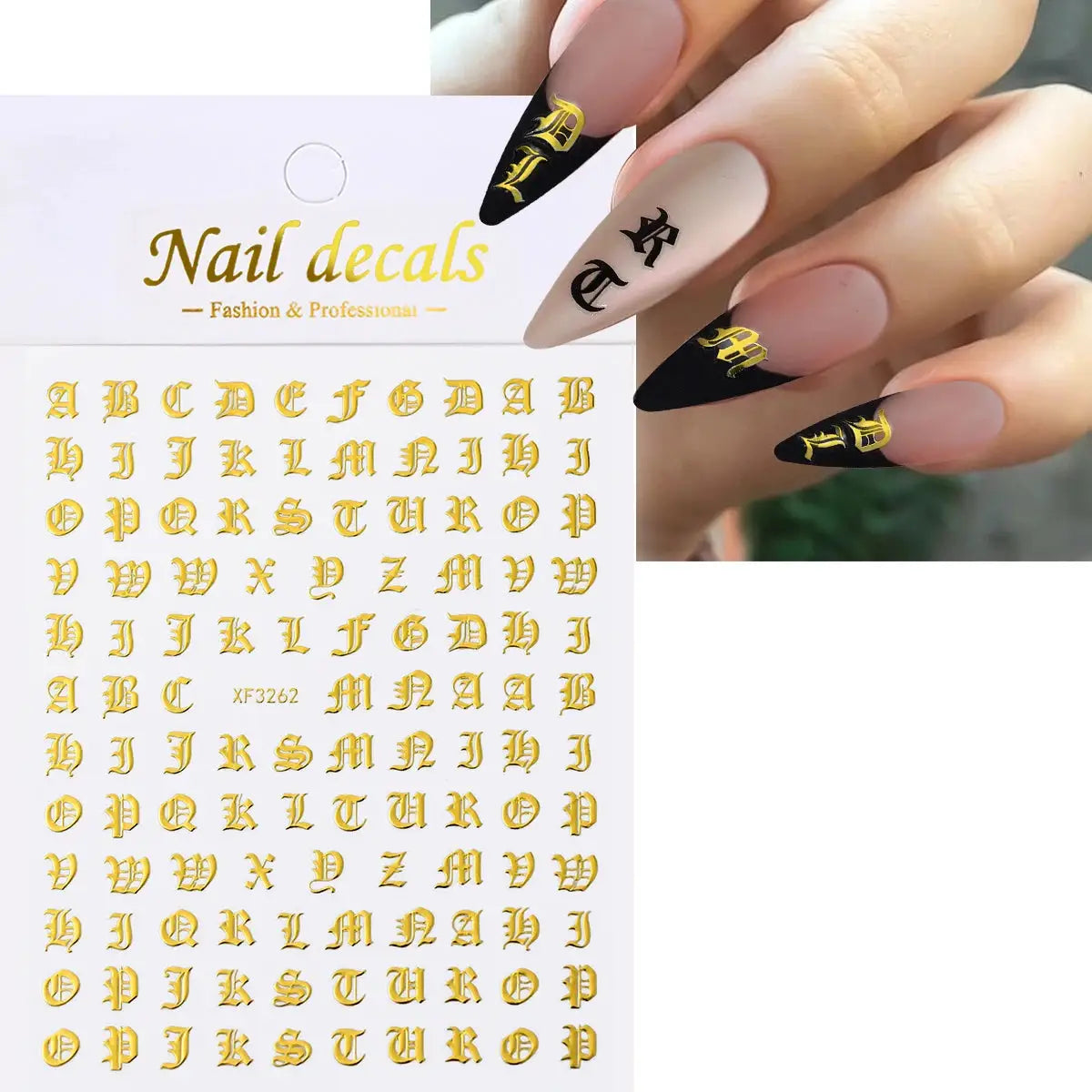 3D alphabet nail decals in gold; 26 letter stickers A-Z for self-adhesive manicure, 8x10cm, Simples Market