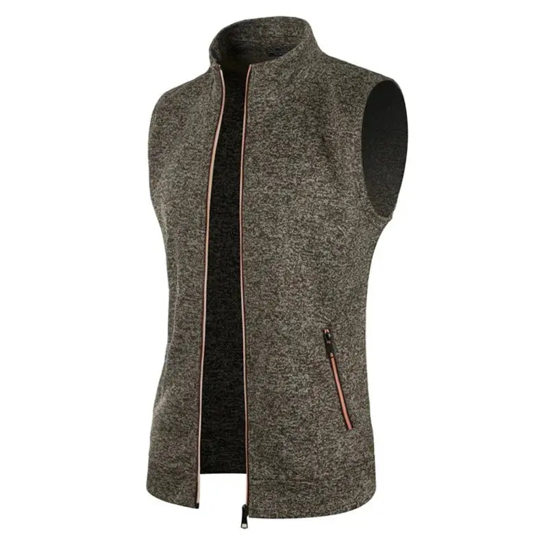 Men's sleeveless zip-up vest with high collar, heather gray knit, pink zipper trim Simples Market