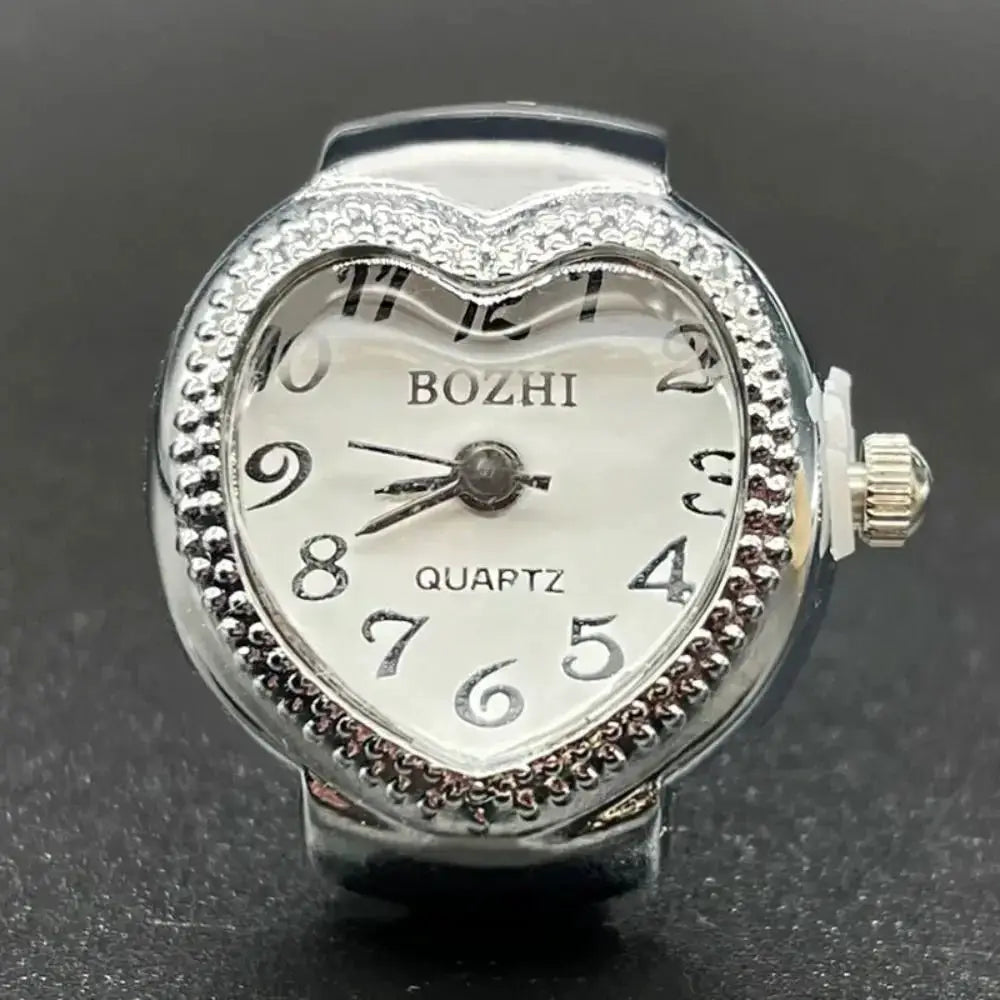 RetroPulse Heart Ring Watch With Adjustable Elastic Strap For Finger Sizes And Vintage Punk Roman Quartz Movement
