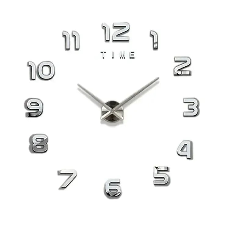 Analog wall clock sticker with silver 3D numerals and central clock hands for DIY room decor