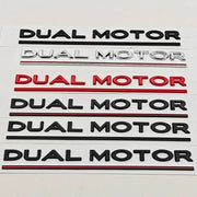 Six Dual Motor 3D ABS rear trunk badges in black, chrome, and red with underlines