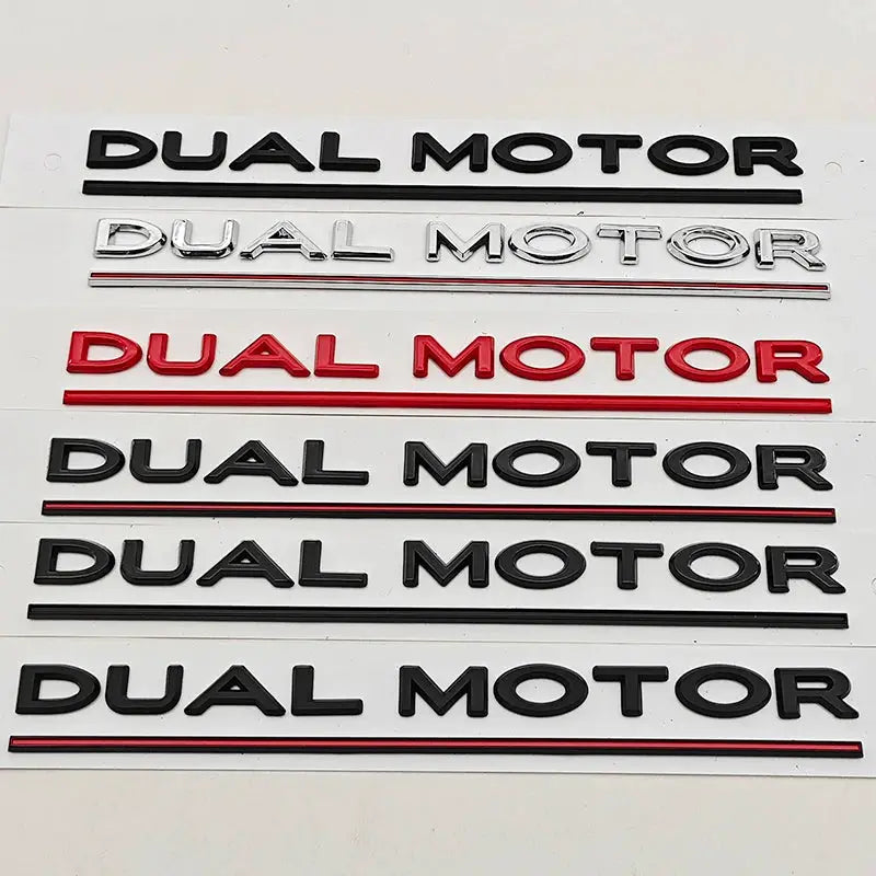 Six Dual Motor 3D ABS rear trunk badges in black, chrome, and red with underlines
