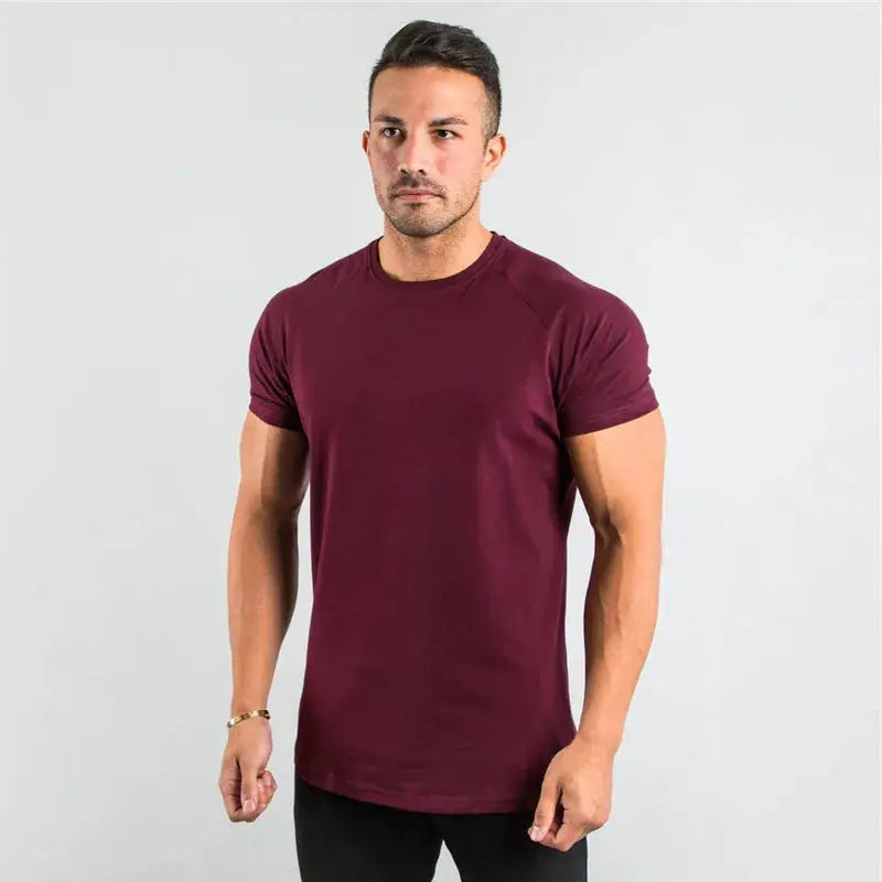 Men's burgundy cotton short-sleeve T-shirt for fitness, slim fit