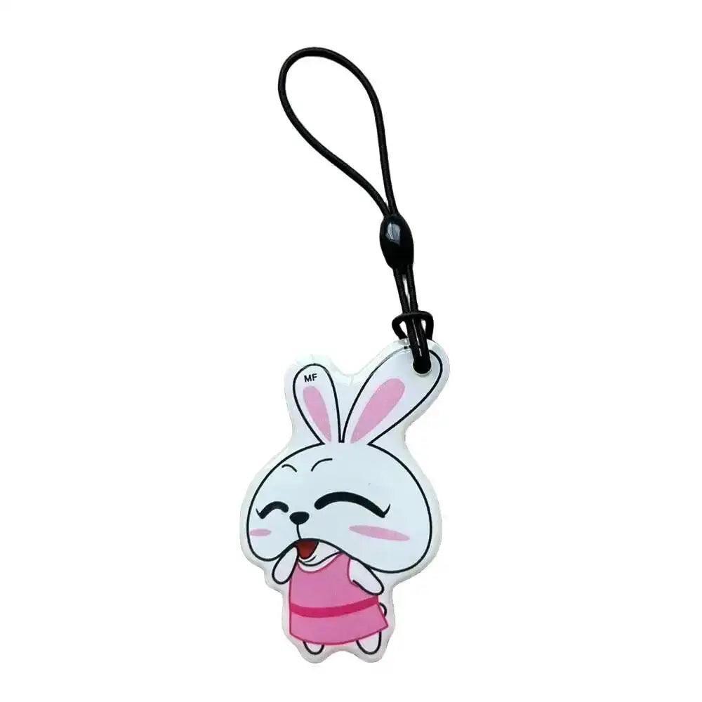 Key tag keychain with white bunny cartoon in pink dress and black strap, Simples Market