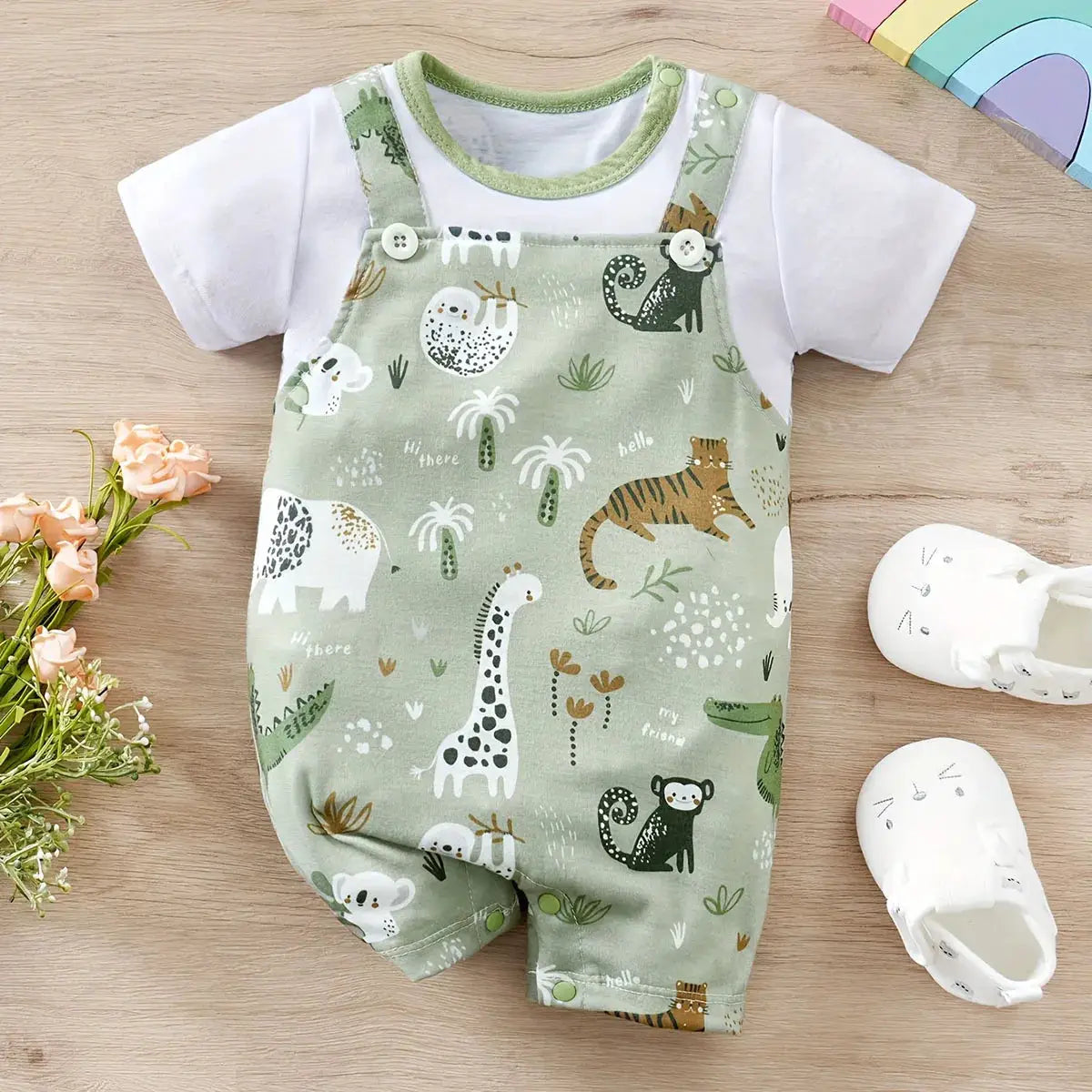 IURNXB Infant Zoo Animal Print Romper For Baby Boy Faux Two Piece Bodysuit With Short Sleeves Casual Playwear
