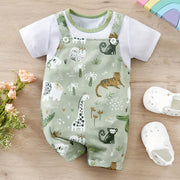 IURNXB Infant Zoo Animal Print Romper For Baby Boy Faux Two Piece Bodysuit With Short Sleeves Casual Playwear