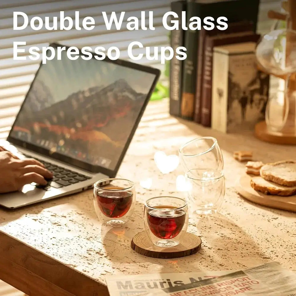 ClearGlass Double Wall Glass Cups Set of 6 80ml Insulated Handsafe Mugs for Coffee Tea Beer