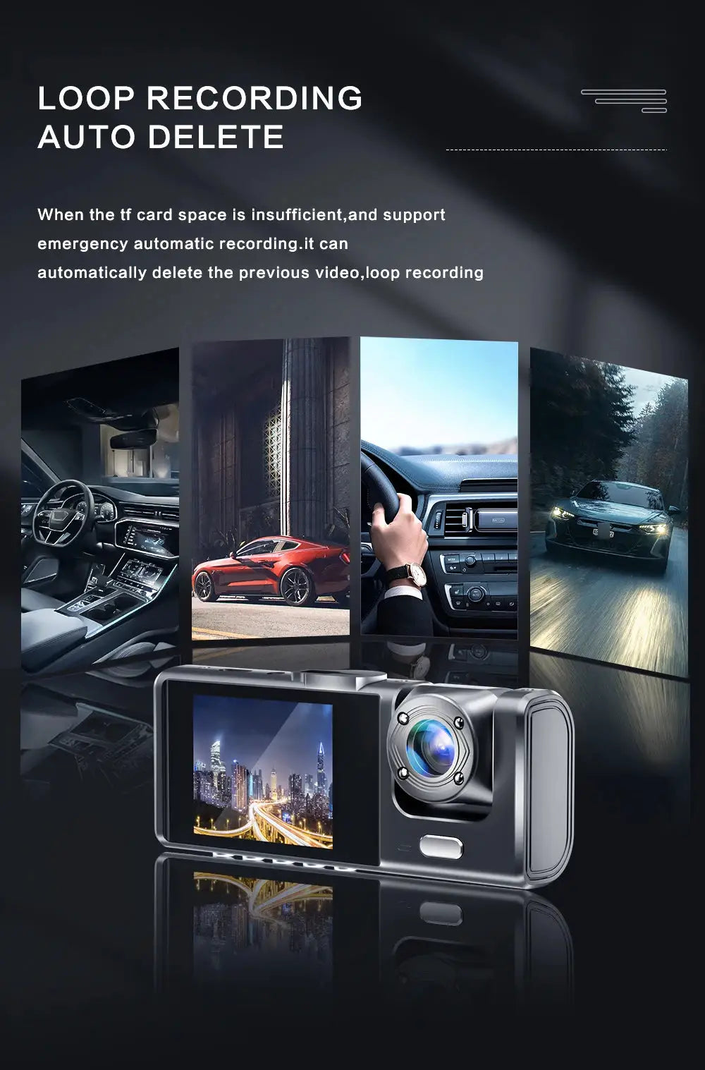 1080P dual dash cam for cars by Simples Market, front and interior views, IR night vision, loop recording, wide-angle