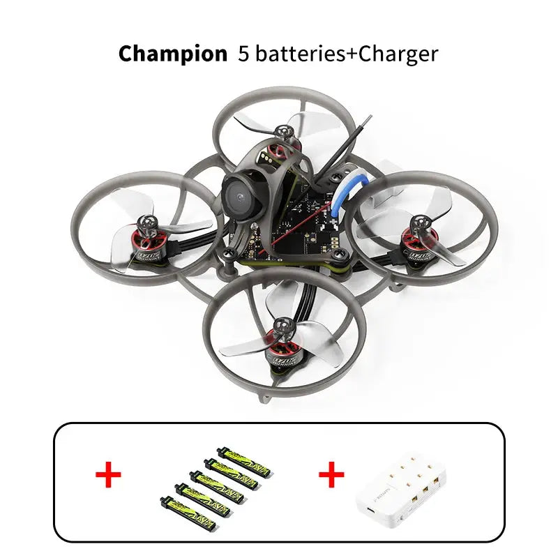 BETAFPV Air65 ll brushless whoop quadcopter; gray frame with circular prop guards; includes 5 batteries and charger