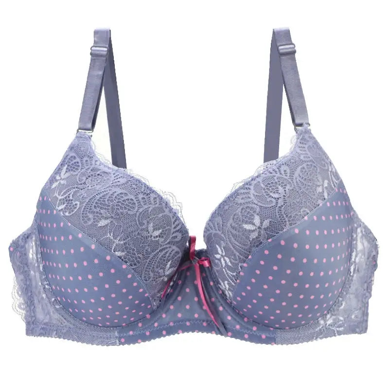 DaiNaFang lace push-up bra, lavender with pink polka dots, floral lace cups, pink center bow, Simples Market