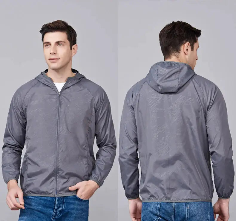 LNGXO waterproof hiking jacket, gray hooded windbreaker for unisex outdoor rain protection