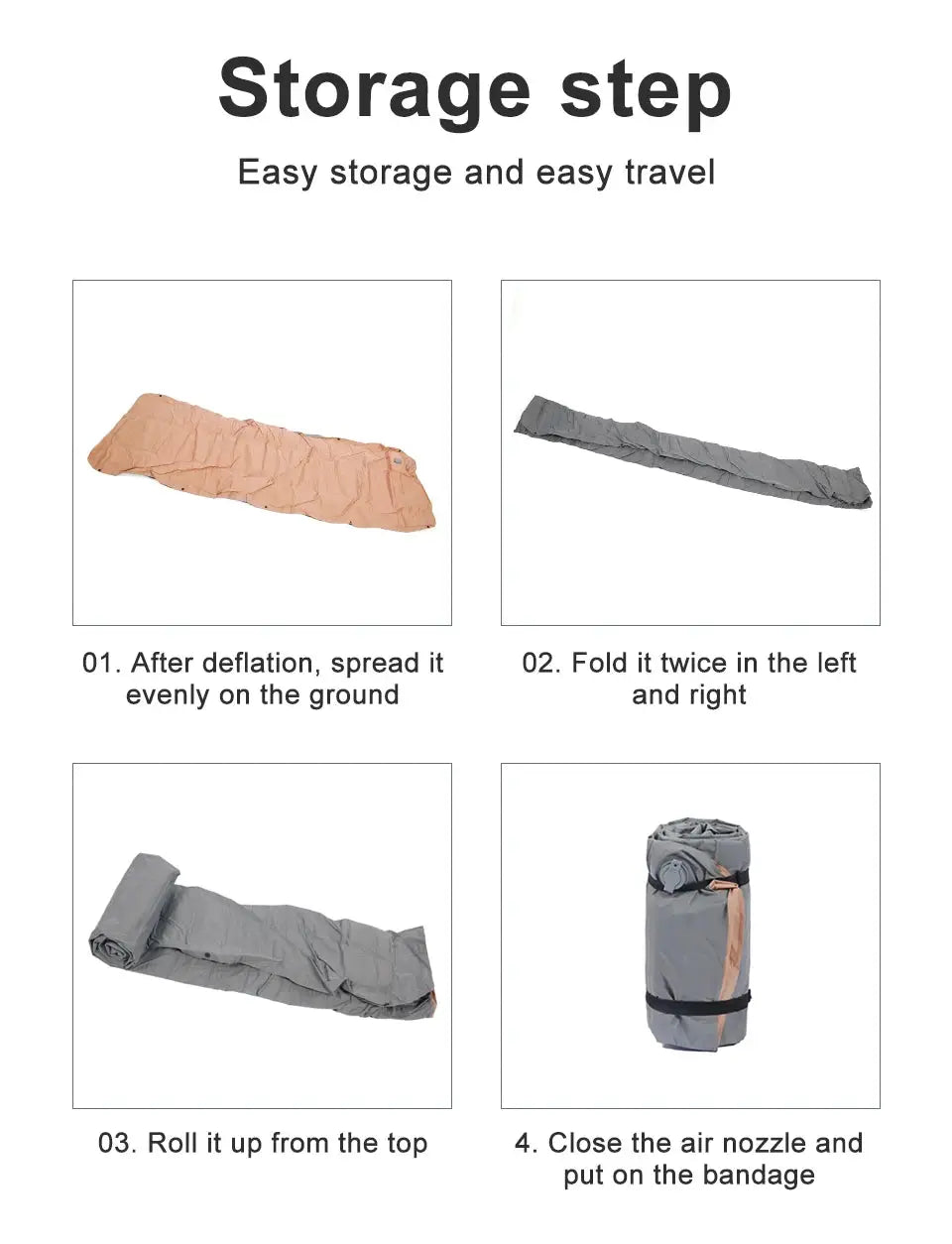 Ultralight self-inflating air mattress pad; Simples Market four-step storage guide with peach pad and gray roll.