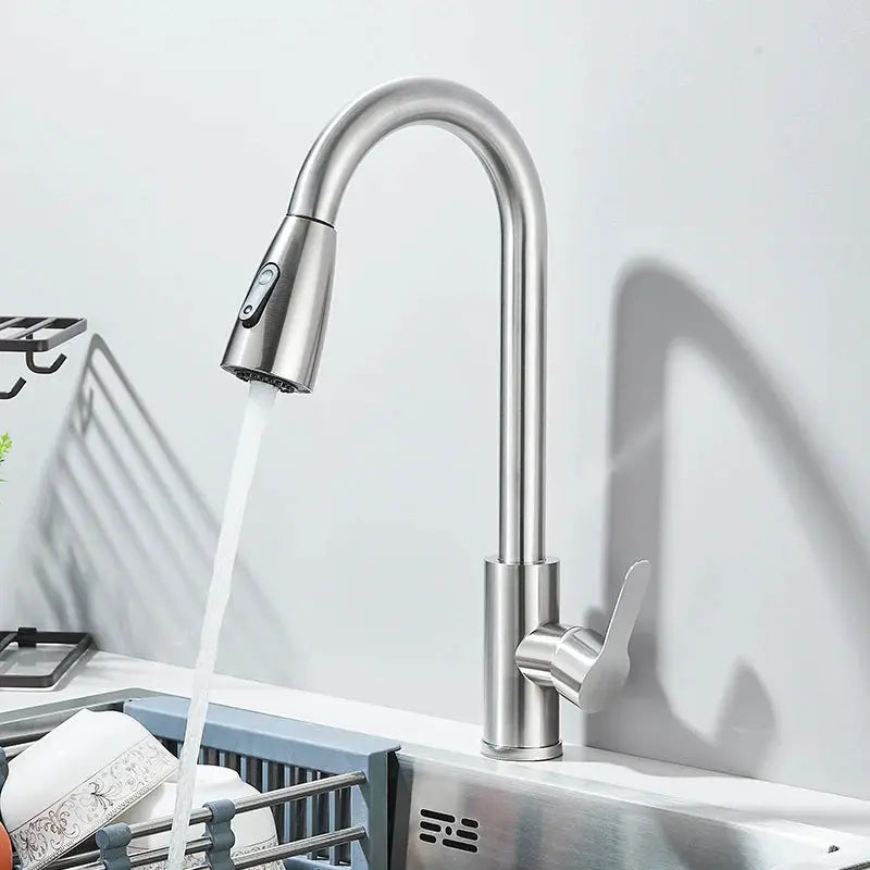 Brushed nickel kitchen faucet by Simples Market with flexible pull-out spray head, deck-mounted mixer