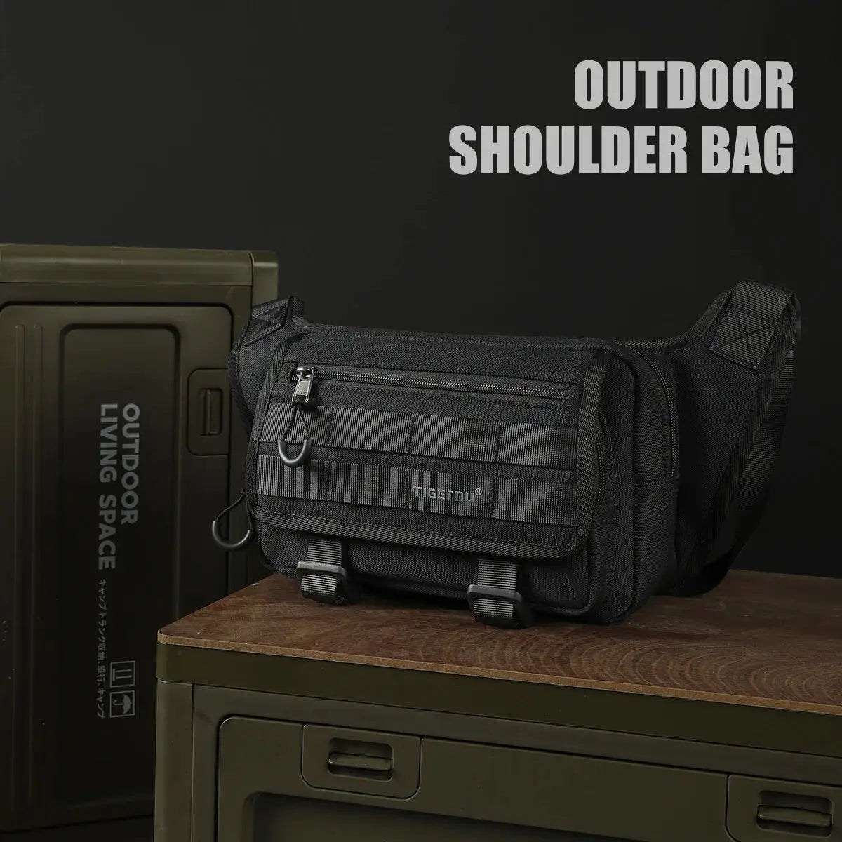 Tigernu outdoor shoulder bag for men; black tactical chest bag with front zip pocket and two buckles