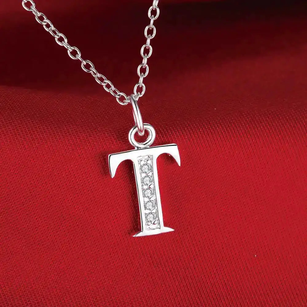 T letter pendant necklace in 925 sterling silver with zircon stones on a chain