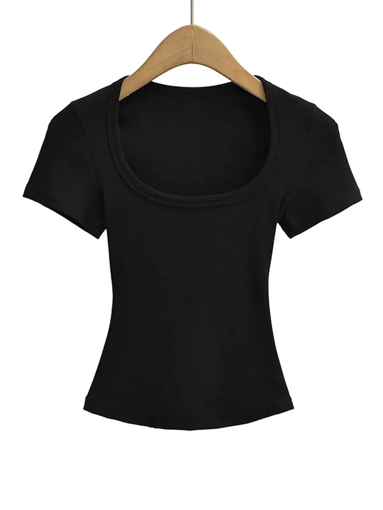Womens Slim Fit Square Collar Crop Top High Stretch Short Sleeve Pullover Summer Blouse T Shirt For Layering