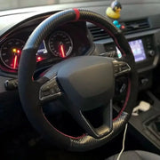 Steering wheel cover in suede with braided black texture and red stitching, Simples Market