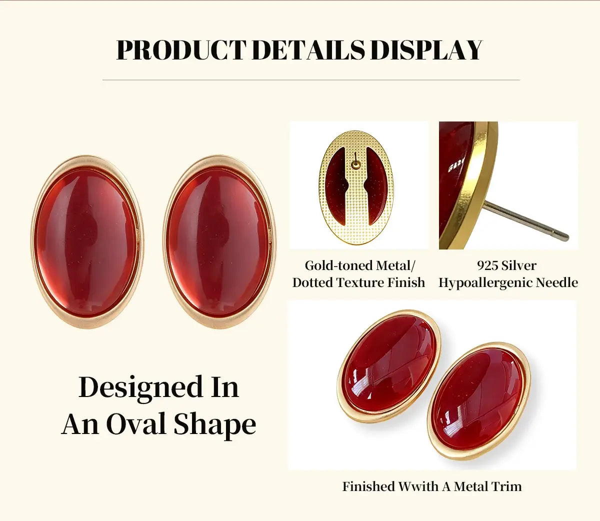 Pair of vintage red resin oval stud earrings with gold-toned metal trim and hypoallergenic posts.
