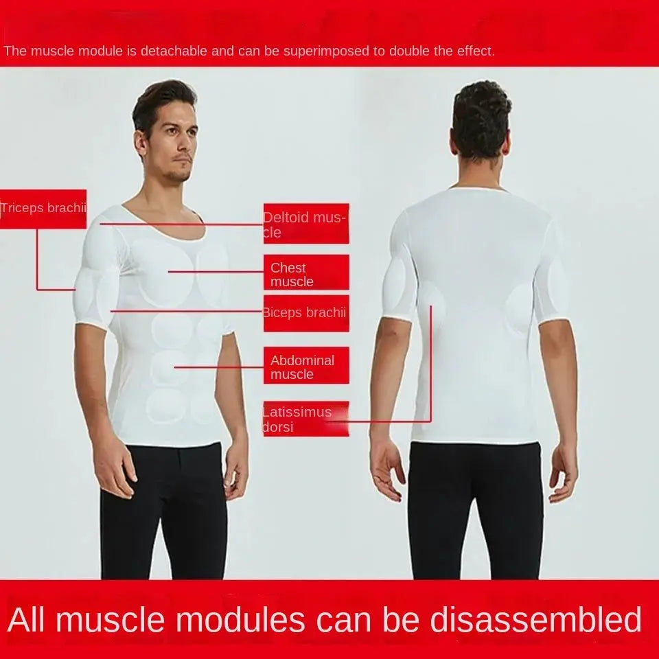Men's white body shaper undershirt with built-in muscle pads; cosplay chest enhancement, detachable modules, two shown.