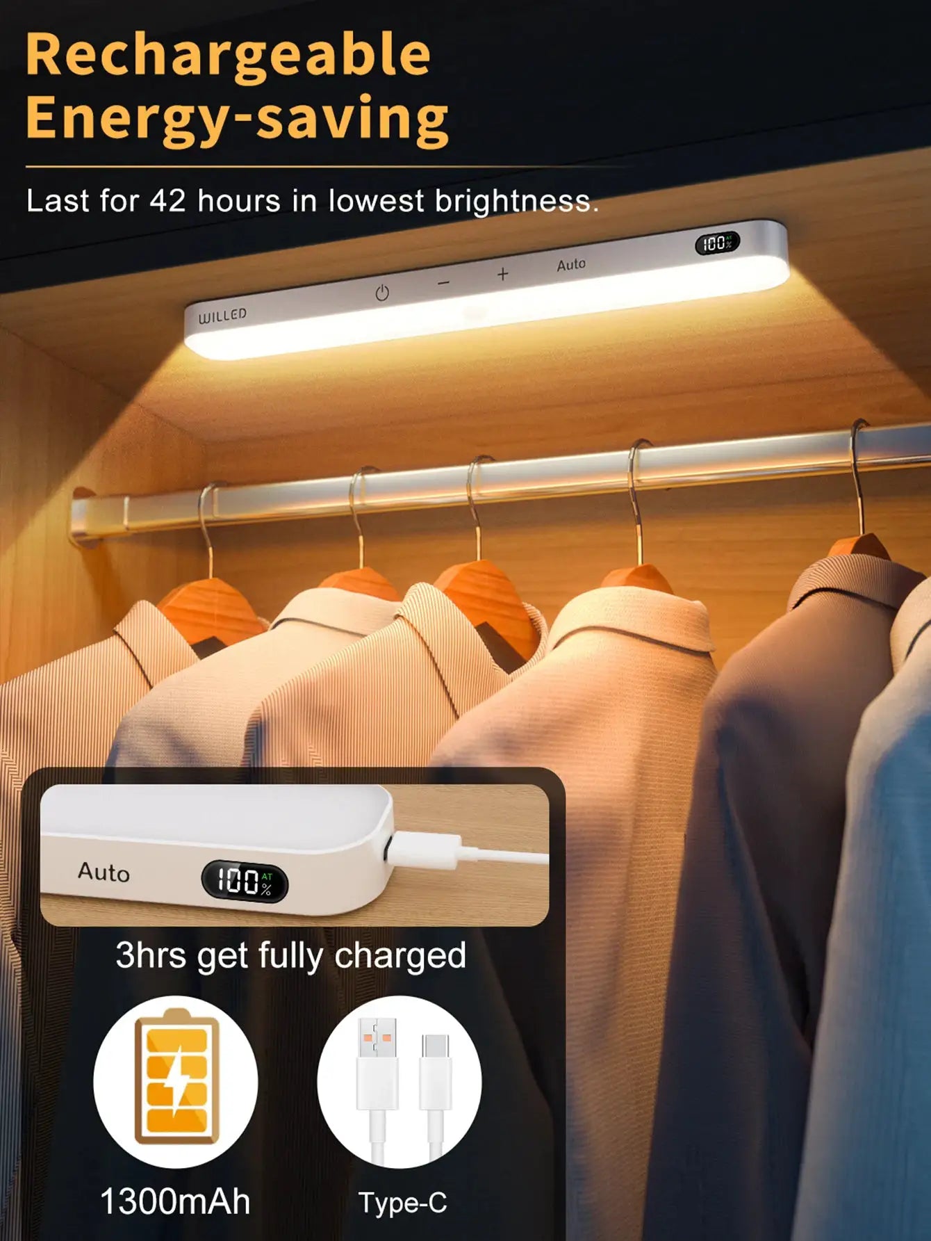 WILLED warm-light motion-sensor cabinet LED light bar, Simples Market, 60 LEDs, wireless rechargeable