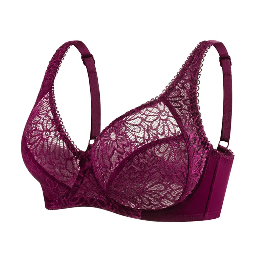 Plus size lace bra in deep magenta with floral lace cups and underwire support